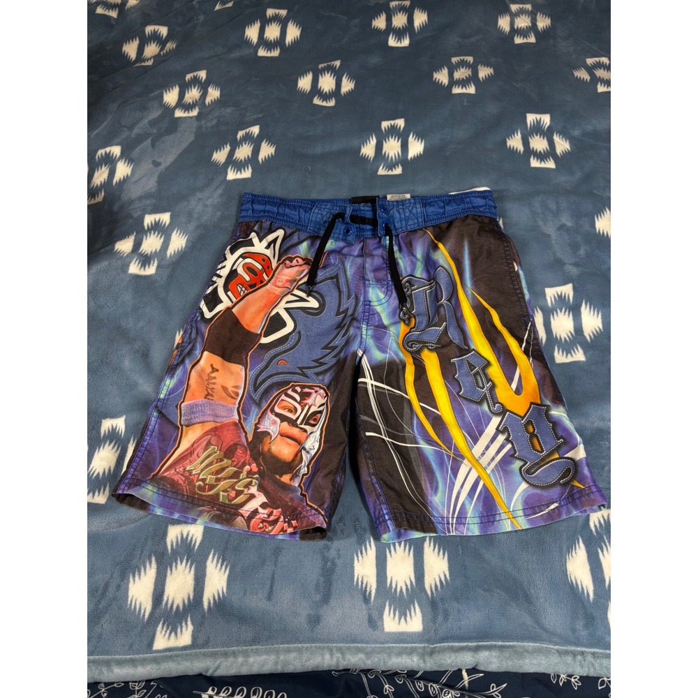 WWE Rey Mysterio Boys Swim Trunks Blue Graphic Board Shorts Size 8 Medium